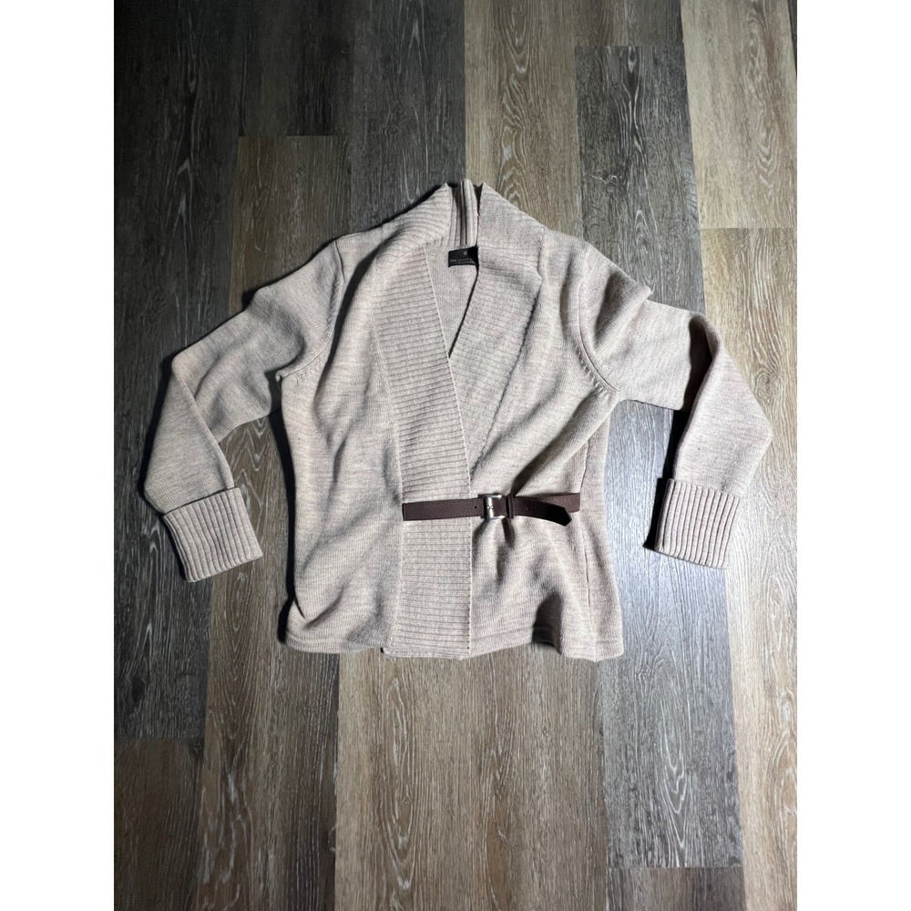 Fenn‎ Wright Manson Cardigan Women Beige Excellent Merino Wool Belted Shawl Neck